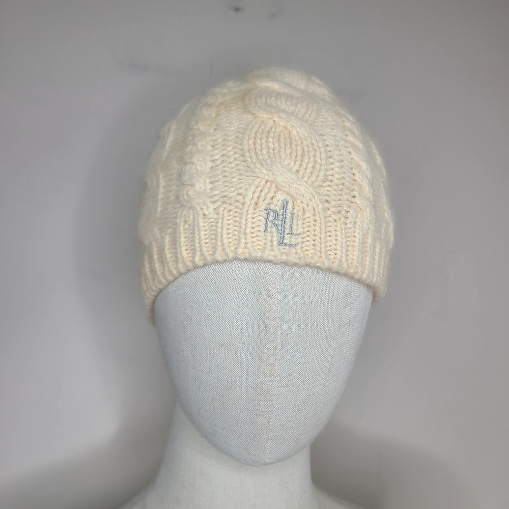 Lauren Ralph Lauren RLL Cream Cable Knit Beanie Hat Lambswool AngoraCozy